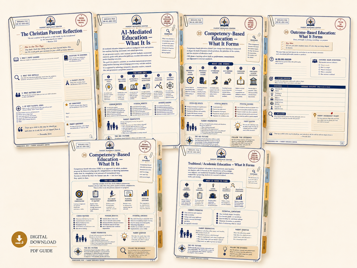 Interior pages from the Educational Philosophy Decoder showing philosophy profiles, comparisons, reflection prompts, and worksheets