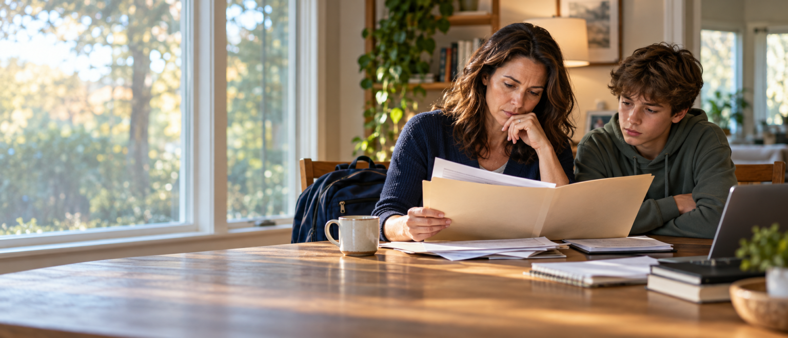 Mother and teenage son reviewing a folder and school papers together at a kitchen table