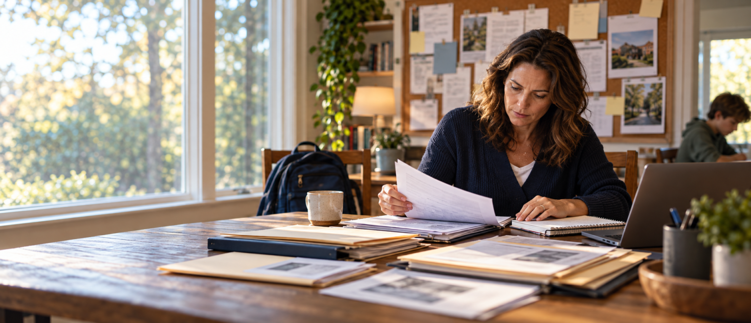 Parent examining documents at a research desk beside a board of school-related materials