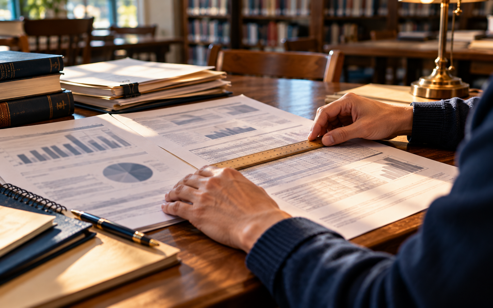 Researcher checking printed statistical tables using a wooden ruler