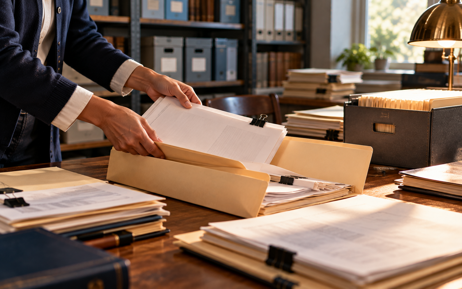 Researcher organizing source packets in an archival folder