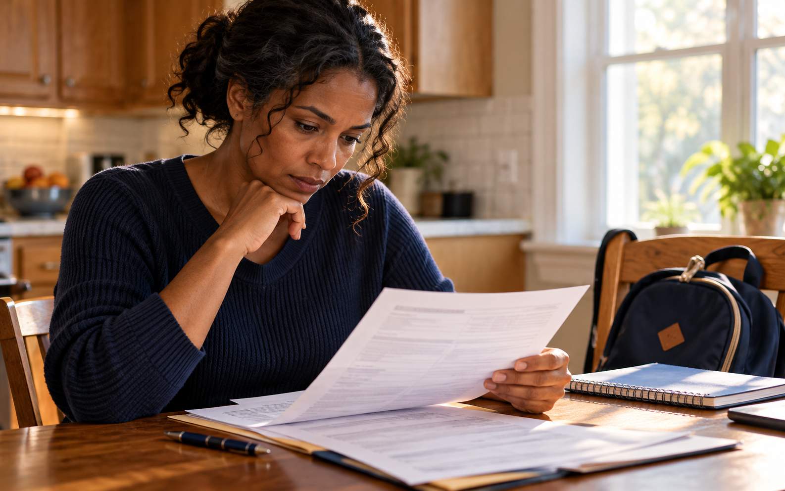 Mother thoughtfully reviewing an unsigned school form at home