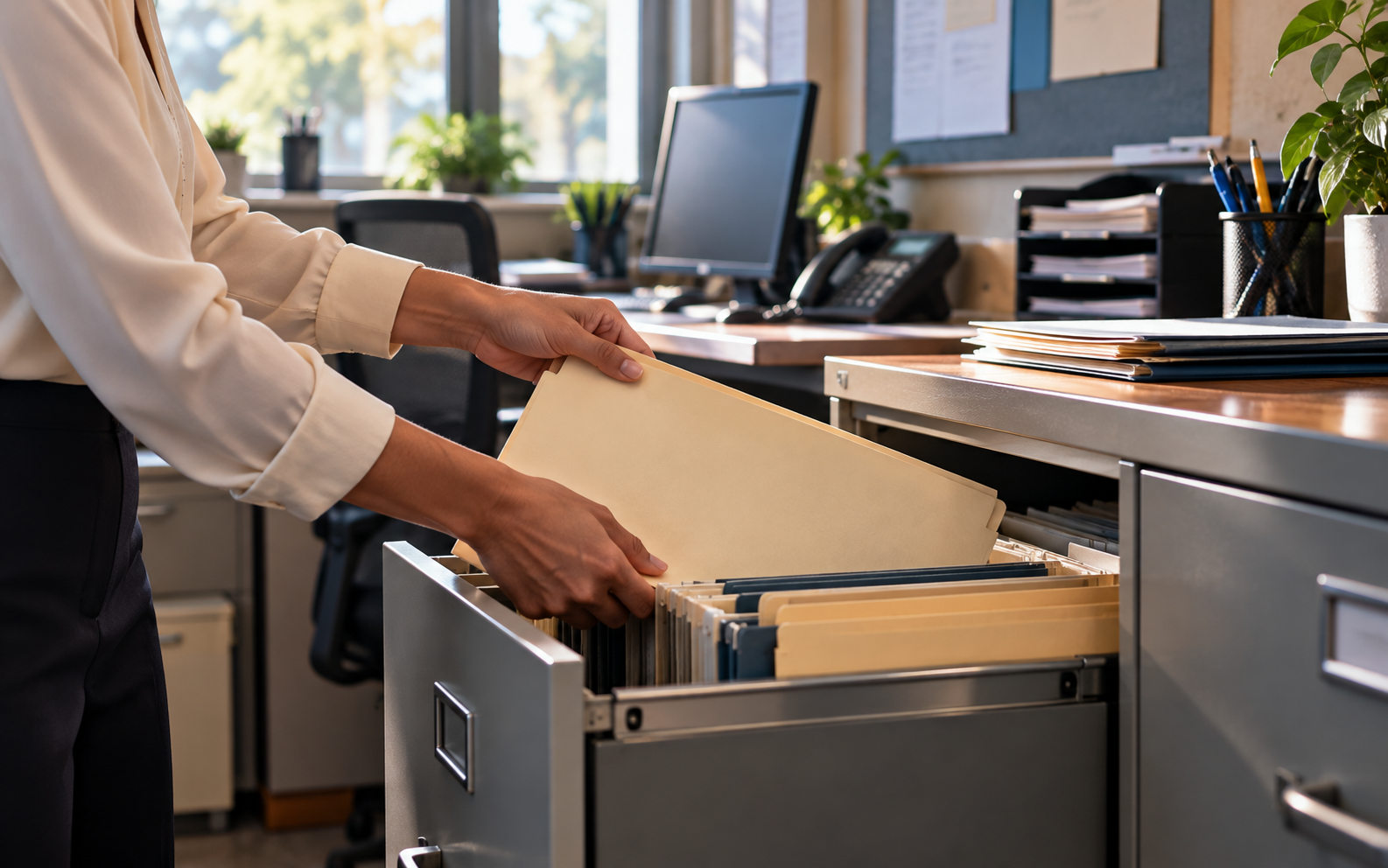 Administrator placing an unmarked folder into a school filing cabinet