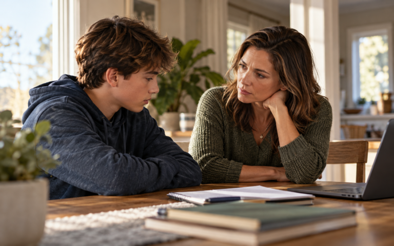 Mother listening to her teenage son across a table with school papers