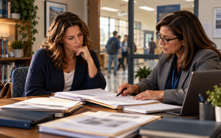 Parent and school professional reviewing documents together in a school office