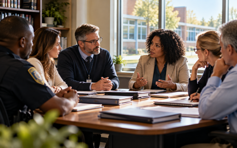 Multidisciplinary group, including a uniformed officer, discussing papers around a school meeting table